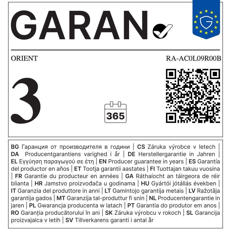 EU GARAN label - ORIENT RA-AC0L09R00B - 3 year producer guarantee of durability