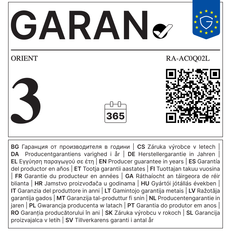 EU GARAN label - ORIENT RA-AC0Q02L - 3 year producer guarantee of durability
